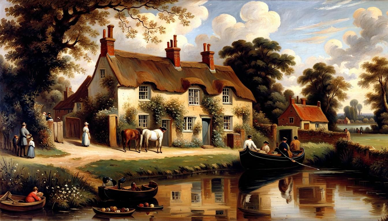 Calm Country Canal Cottage in Constable Style
