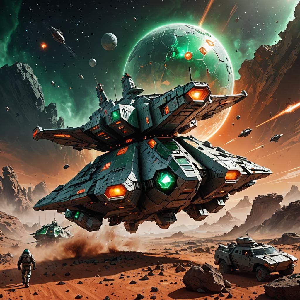 Battleship Spacecraft Landing on Terraformed World