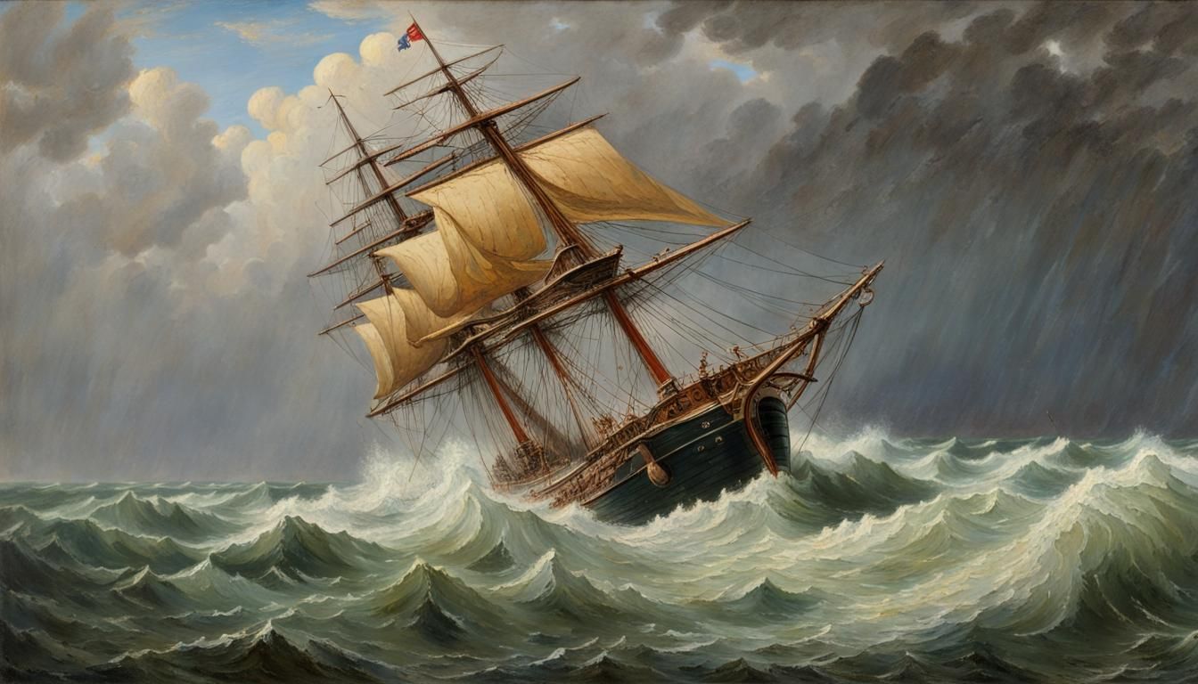 Sailing Ship in Storm: Oil Painting
