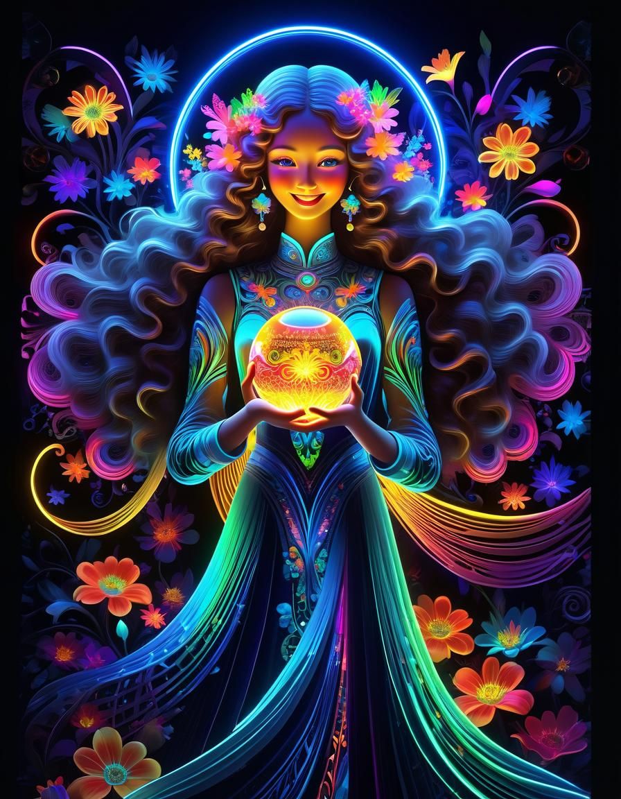 Smiling Neon Angel with Glowing Sphere in 3D Art