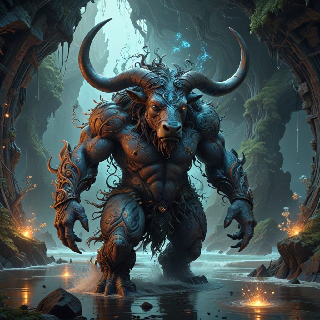 Abstract Minotaur Fractal in Futuristic Labyrinth