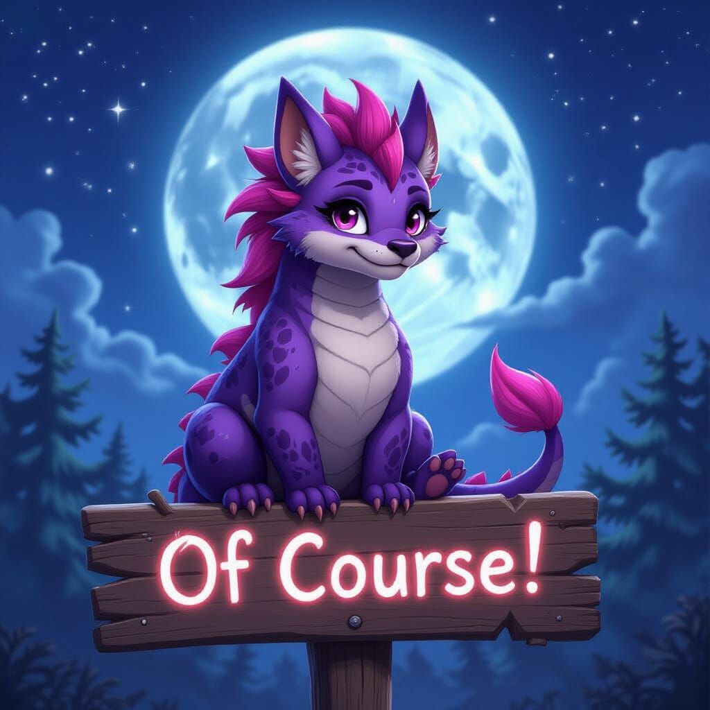 Anime Hyena-Dragon Hybrid on Sign in Fantasy Landscape