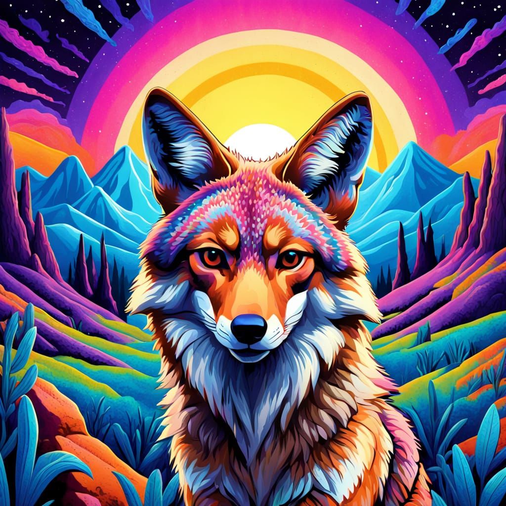 Vibrant Coyote Surrealism in Psychedelic Colors