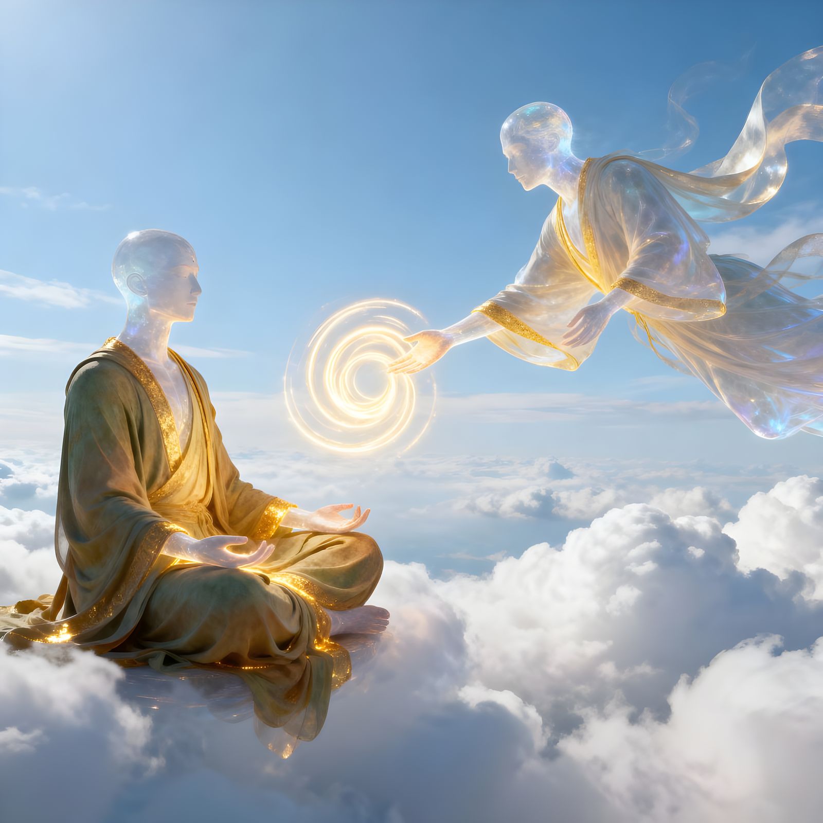 Ethereal Figures Transferring Light in Serene Sky