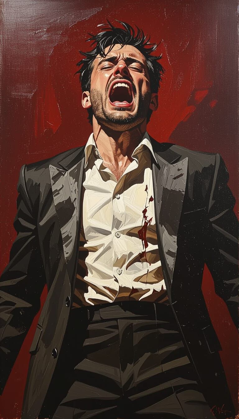 Man in Torn Suit Screaming in Dark Realistic Painting