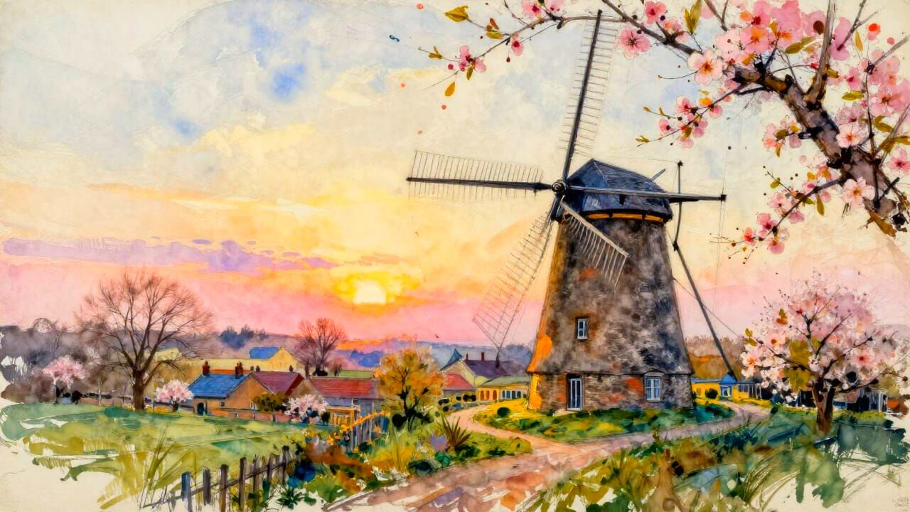 Sunrise Over Farm: Charcoal & Watercolor Sketch