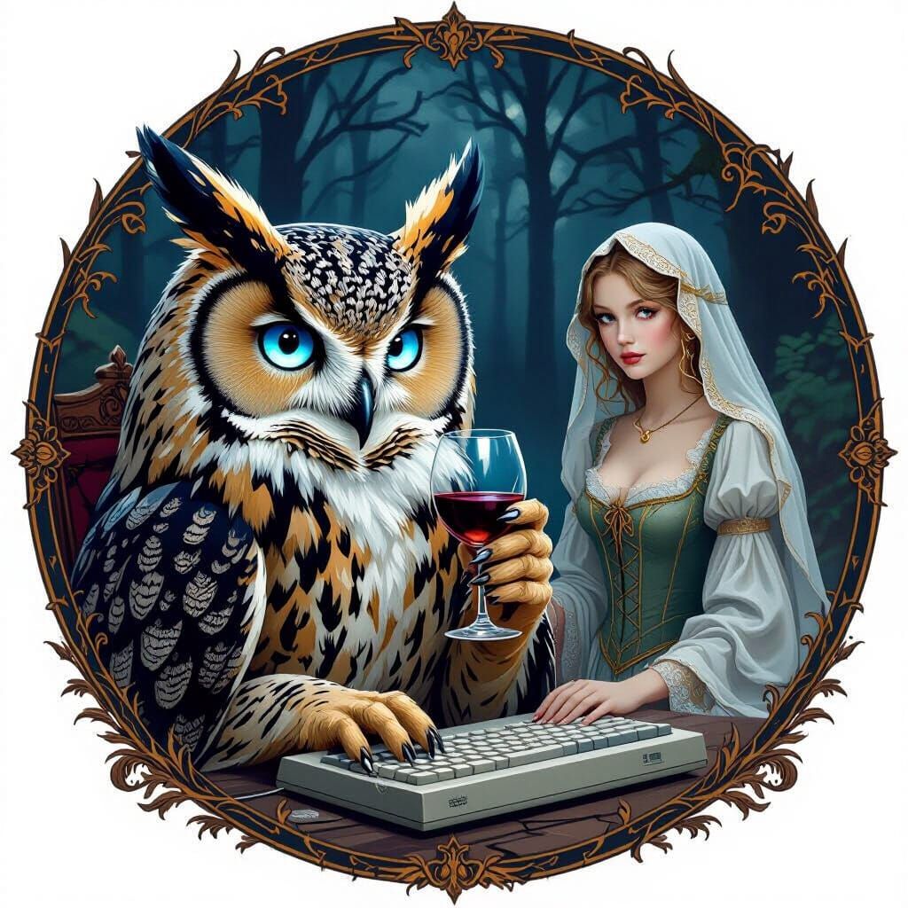 Luminous Owl and Medieval Maiden, Whimsical Illustration