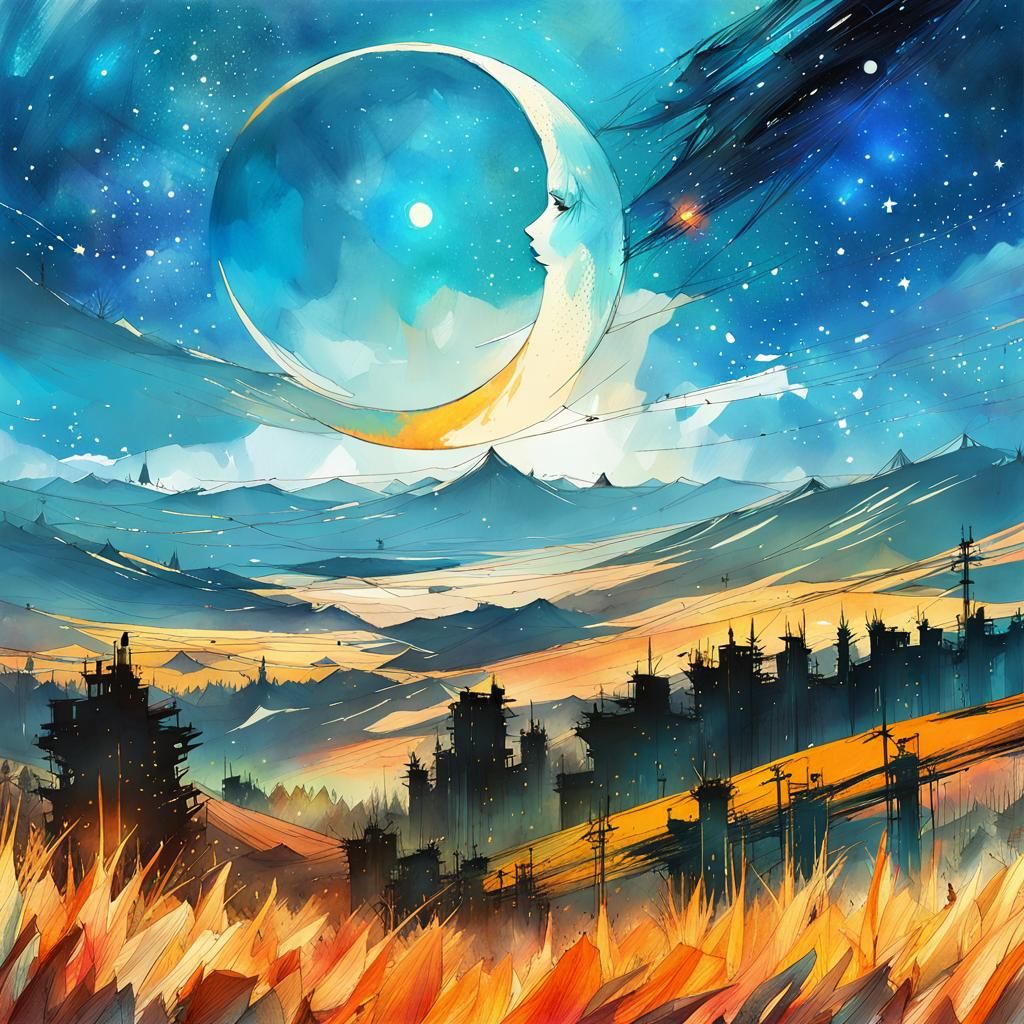 Surreal Moonlit Landscape with Solar Eclipse