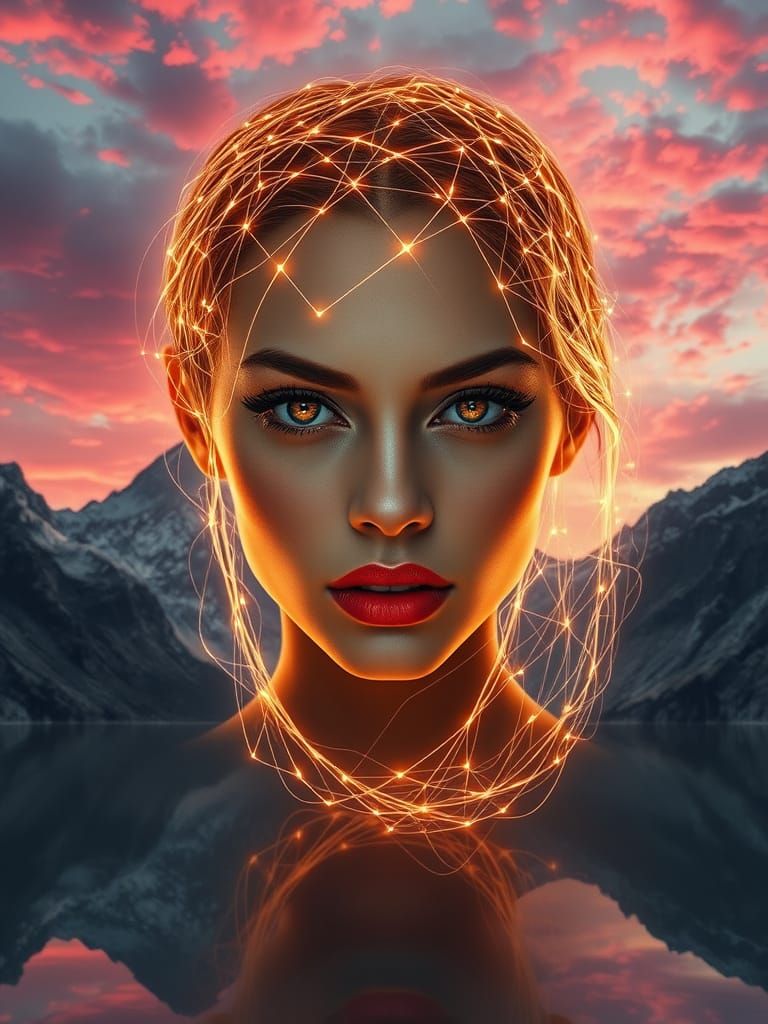 Photorealistic, surreal, close-up of a woman's face covered in AI lines, double exposure, detailed, red lips, intense ey...