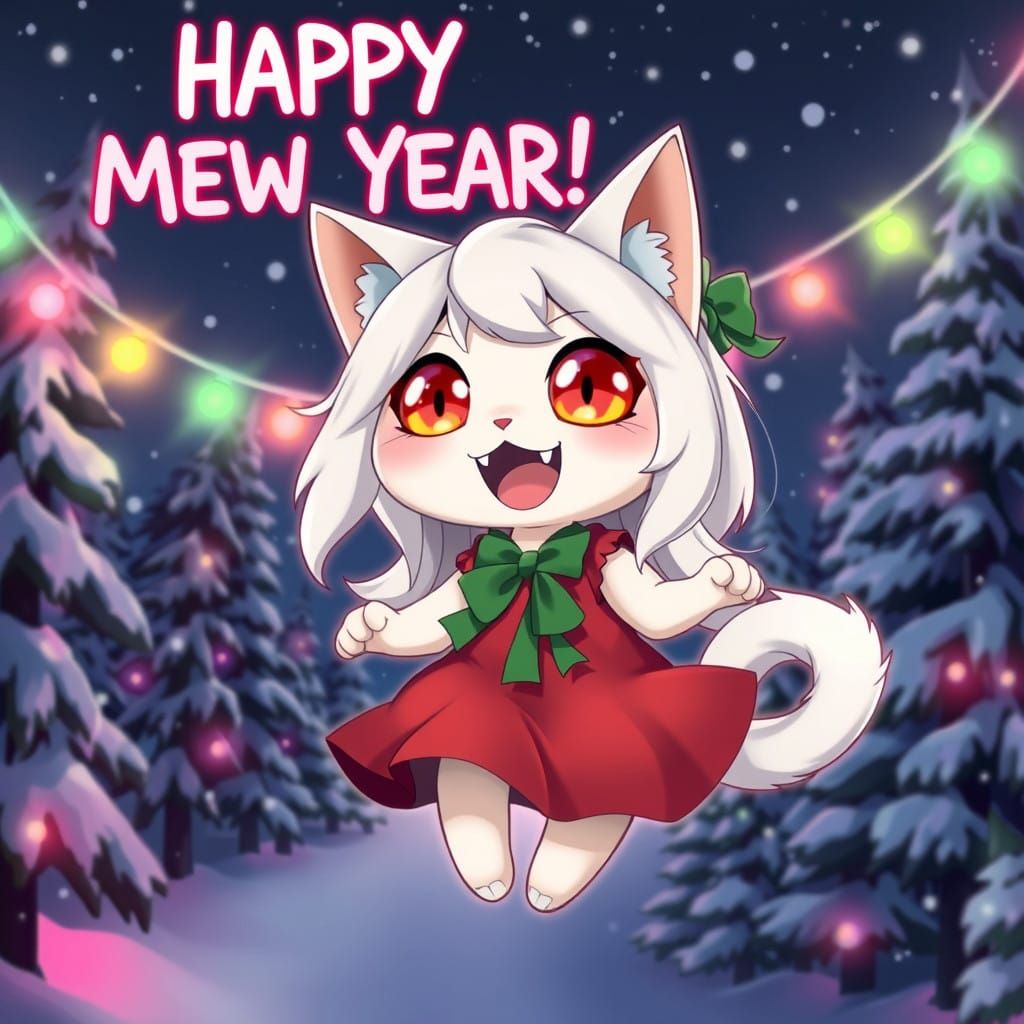 Adorable Anime Catgirl Ghost Celebrates New Year