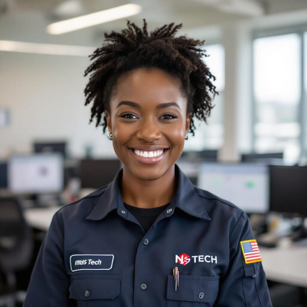 Smiling Professional with INS Tech Logo, Realistic Portrait