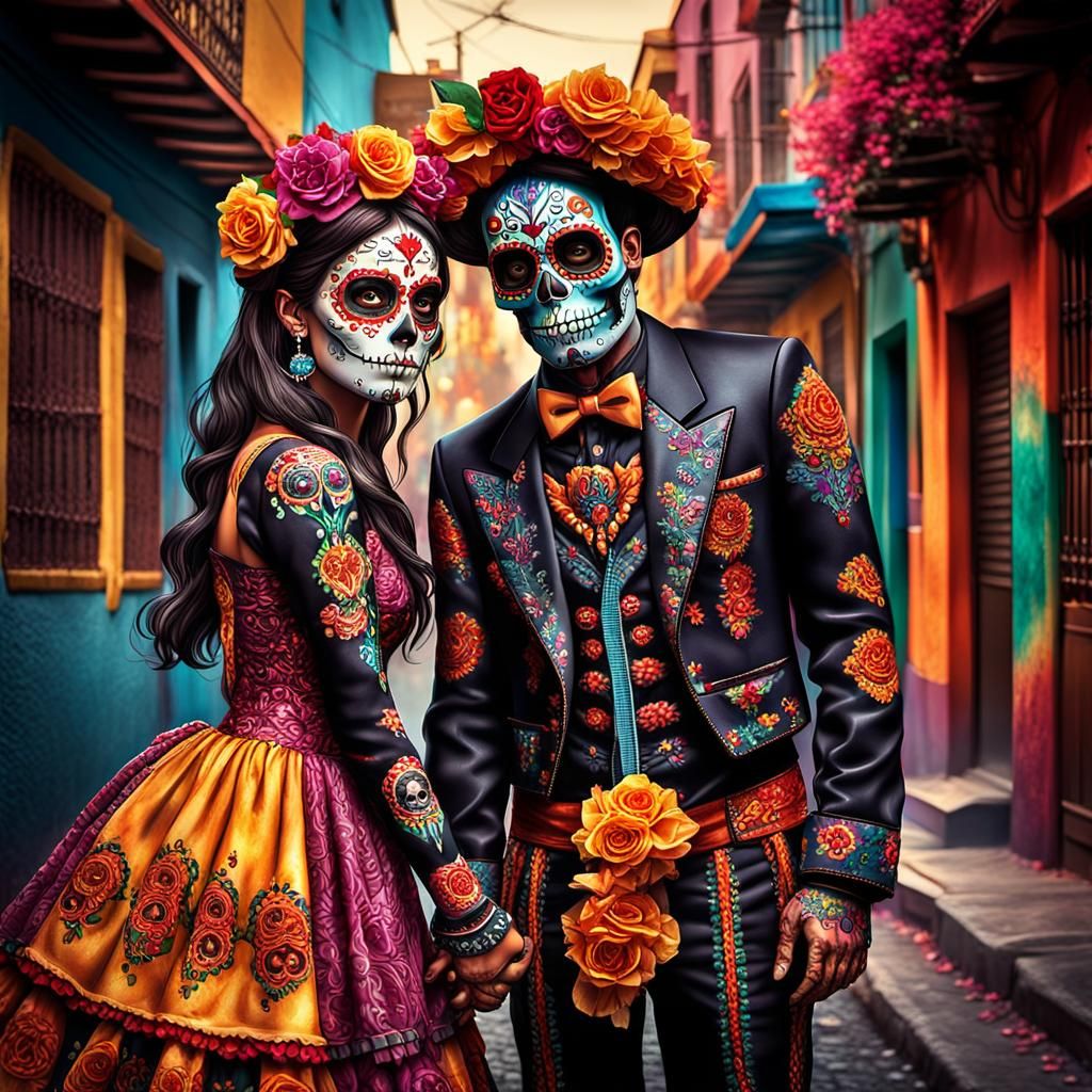 Los Muertos Couple in Smoky Street: Digital Art