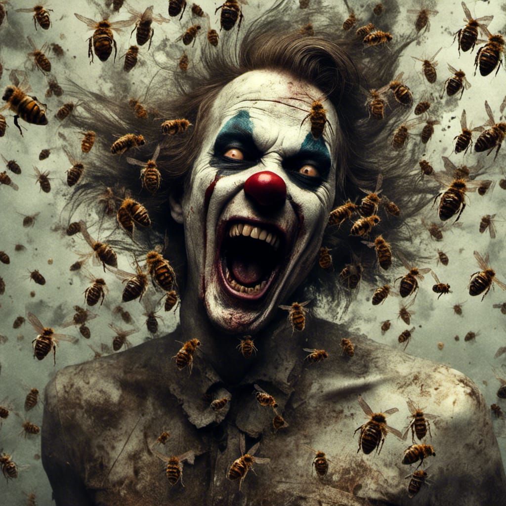Scary Clown with Vortex of Bees: Horror Image