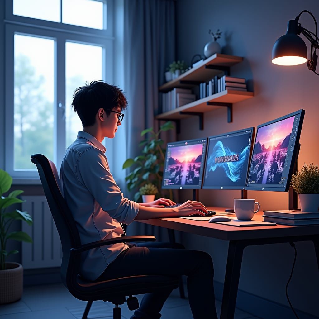 Web Developer in Stylish Home Office: Anime Art
