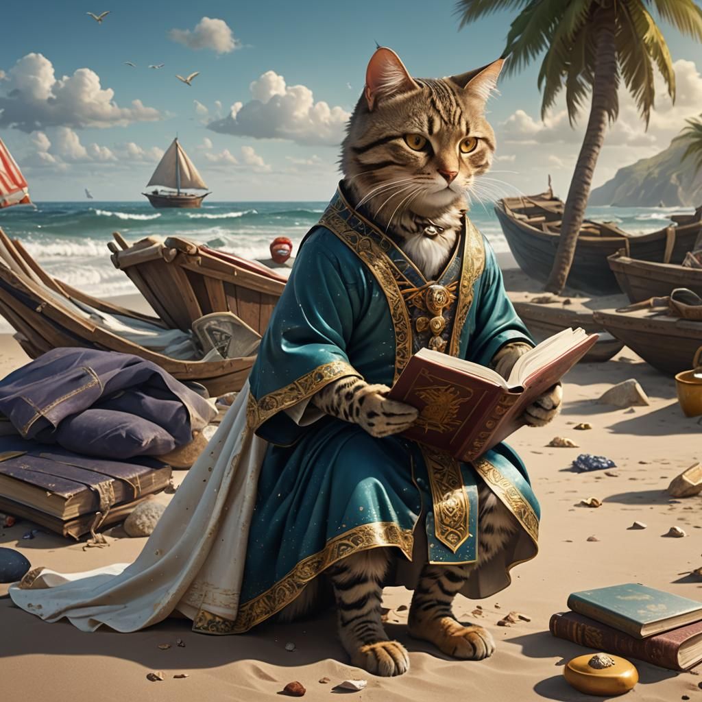 Cat in Swimsuit Relaxing on Beach, Digital Art