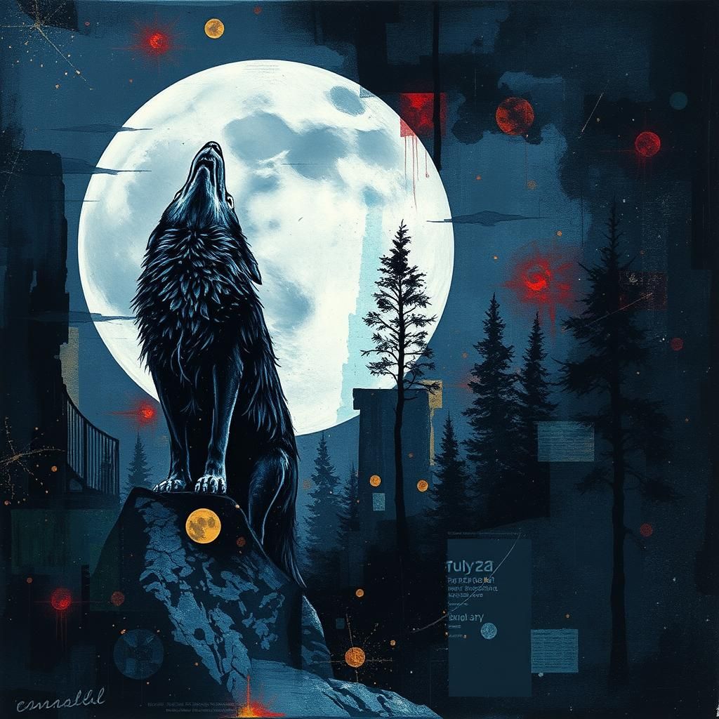 Ethereal Wolf Howling at Moon in Chiaroscuro