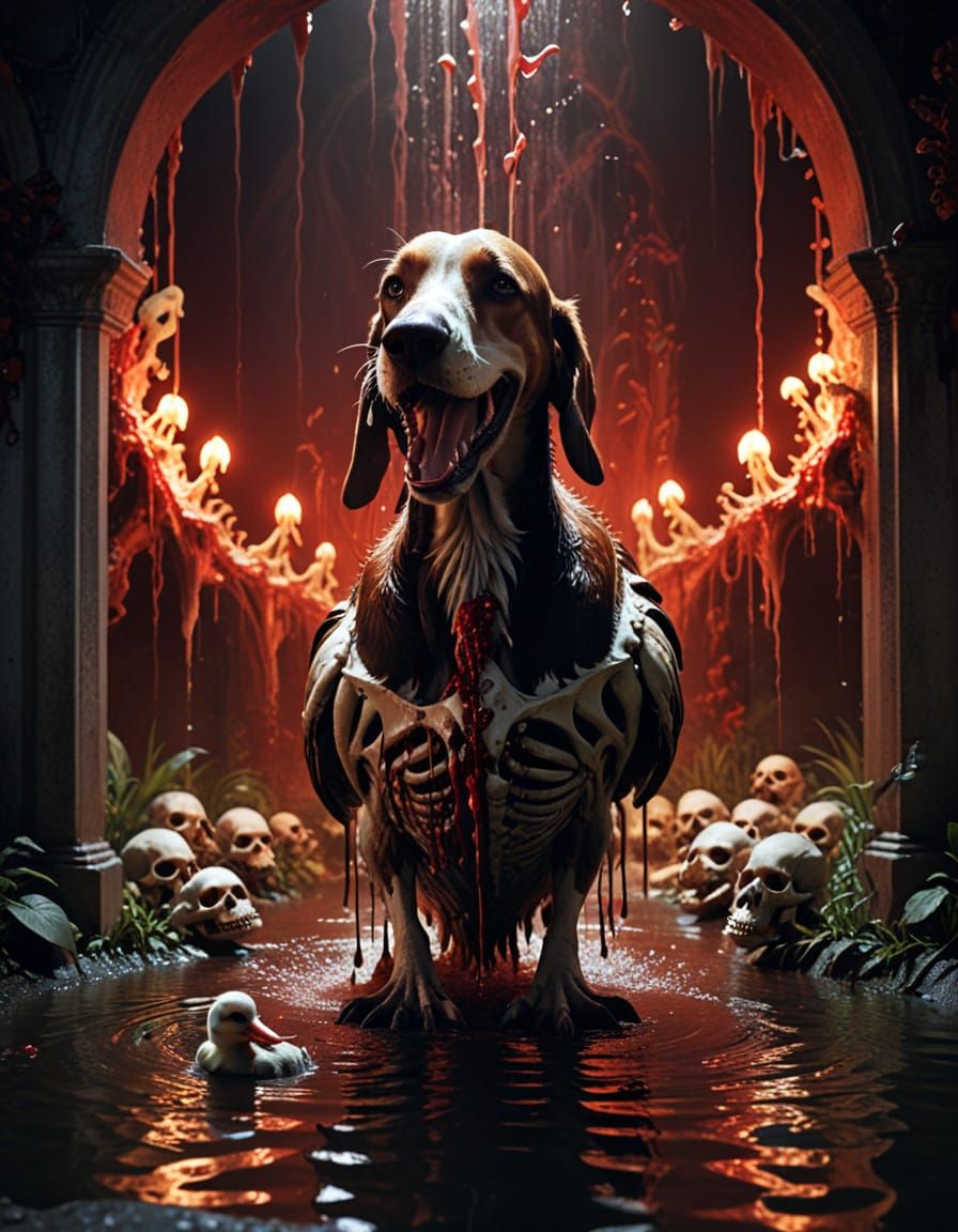 Macabre Surrealism: Duck Soul Devoured by Skeleton Hounds
