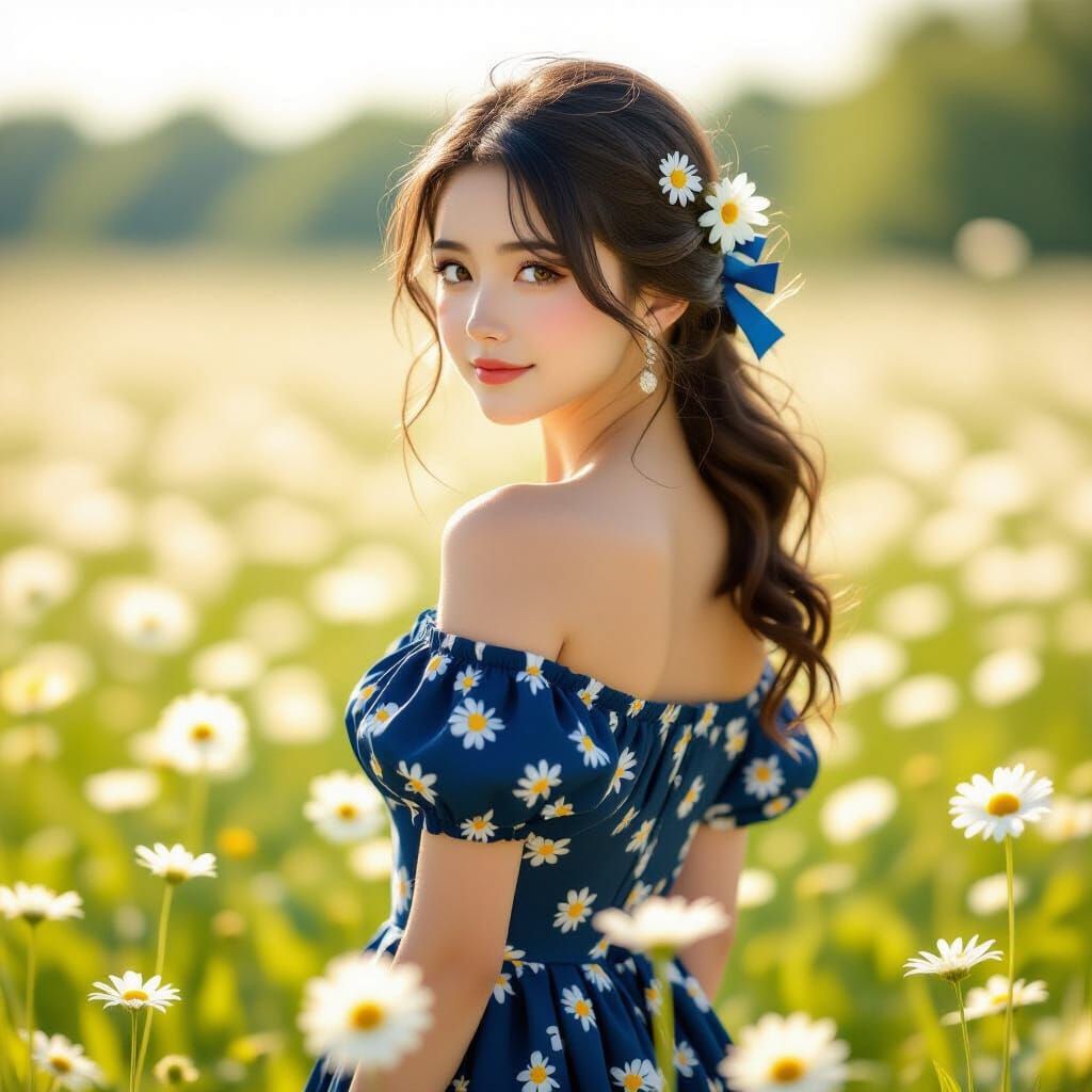 Anime-Style Woman in Daisy Field with Cinematic Lighting