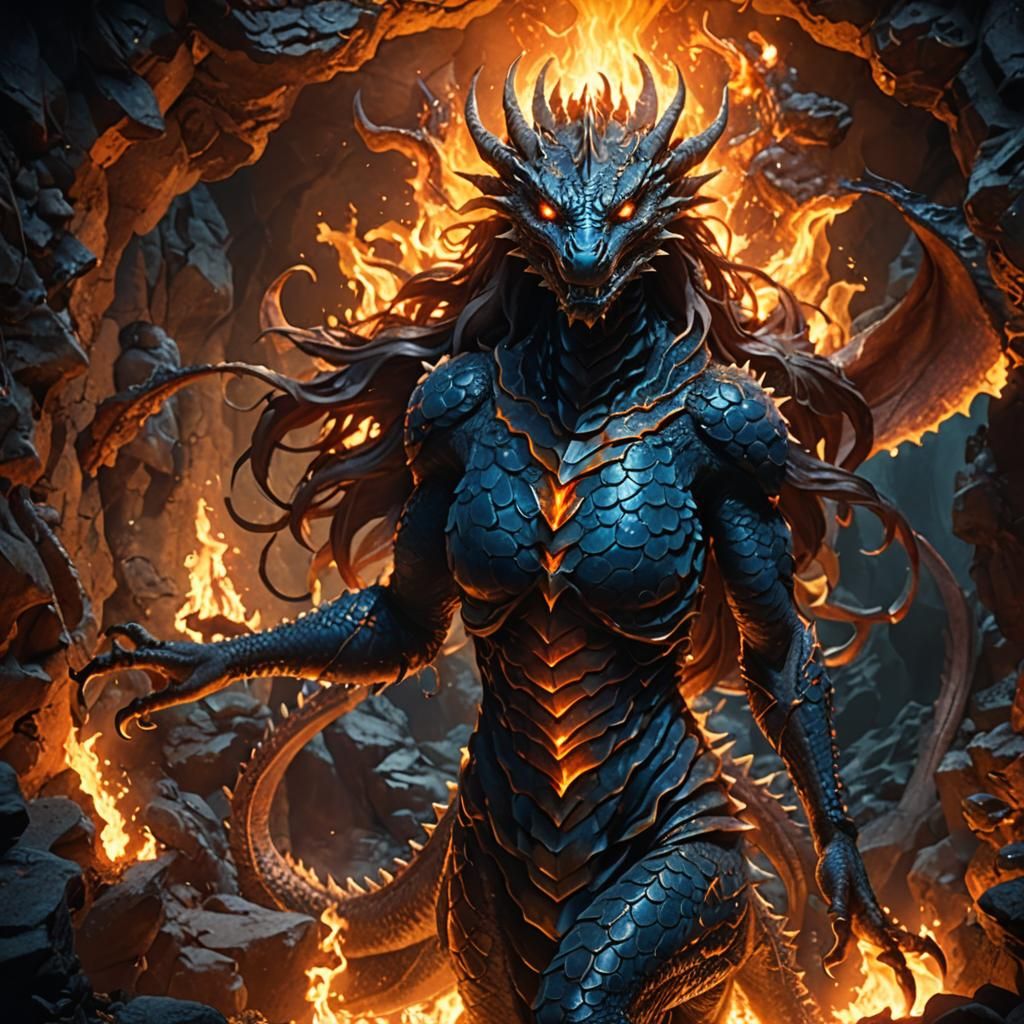 Mystical Dragon Breathing Fire in Dark Cave