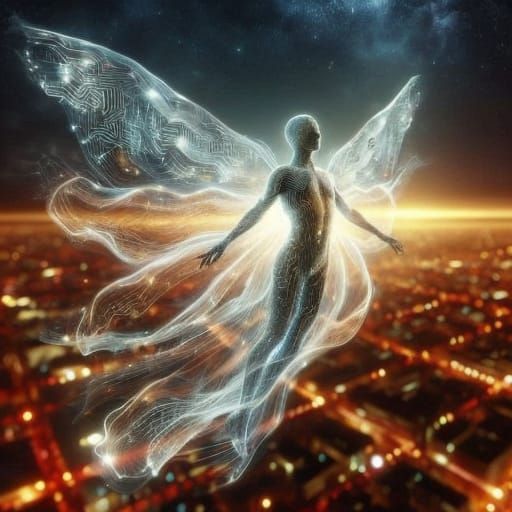 Human Figure Suspended in Glowing, Futuristic Aura