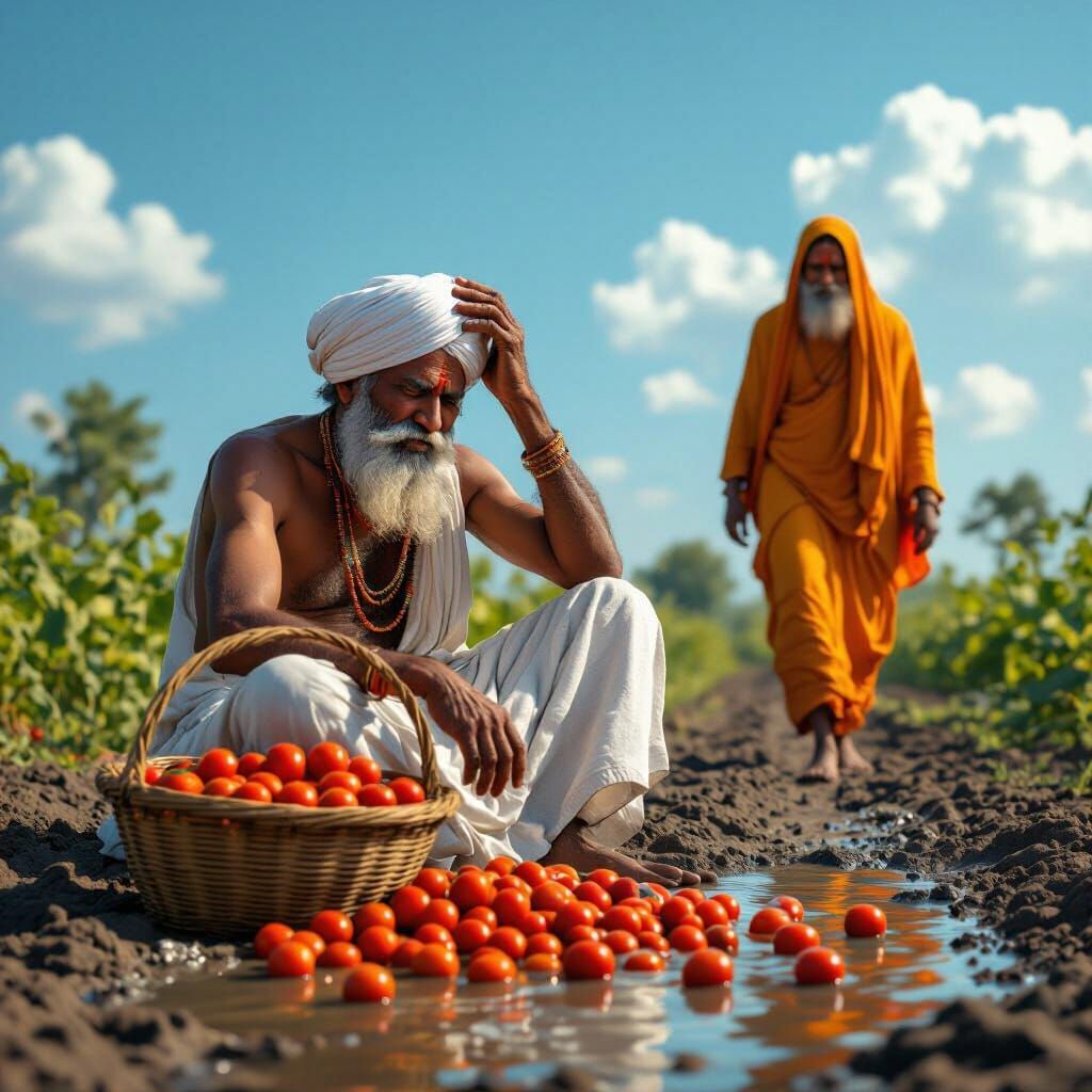 Distressed Farmer with Tomatoes in Hyperrealistic 3D