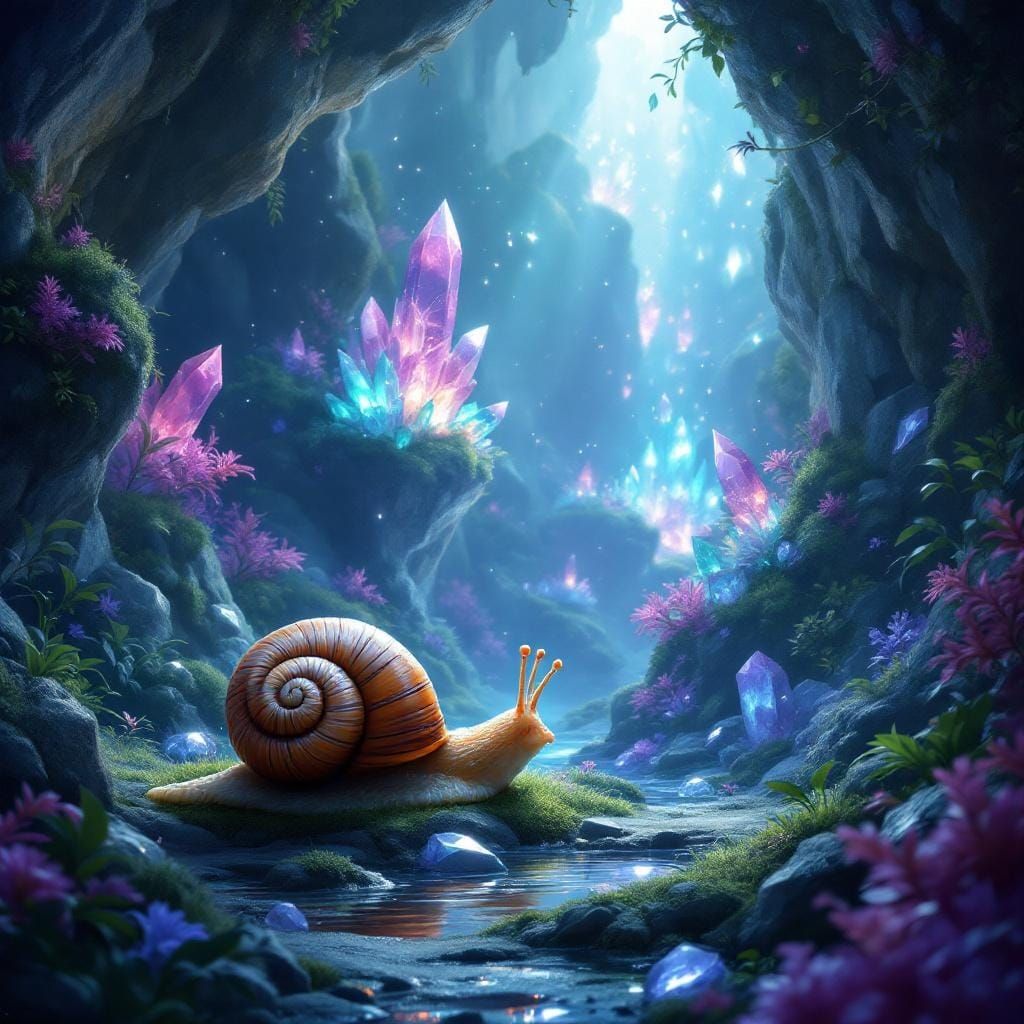 Mystical Snail Exploring a Crystal Cave: Matte Painting
