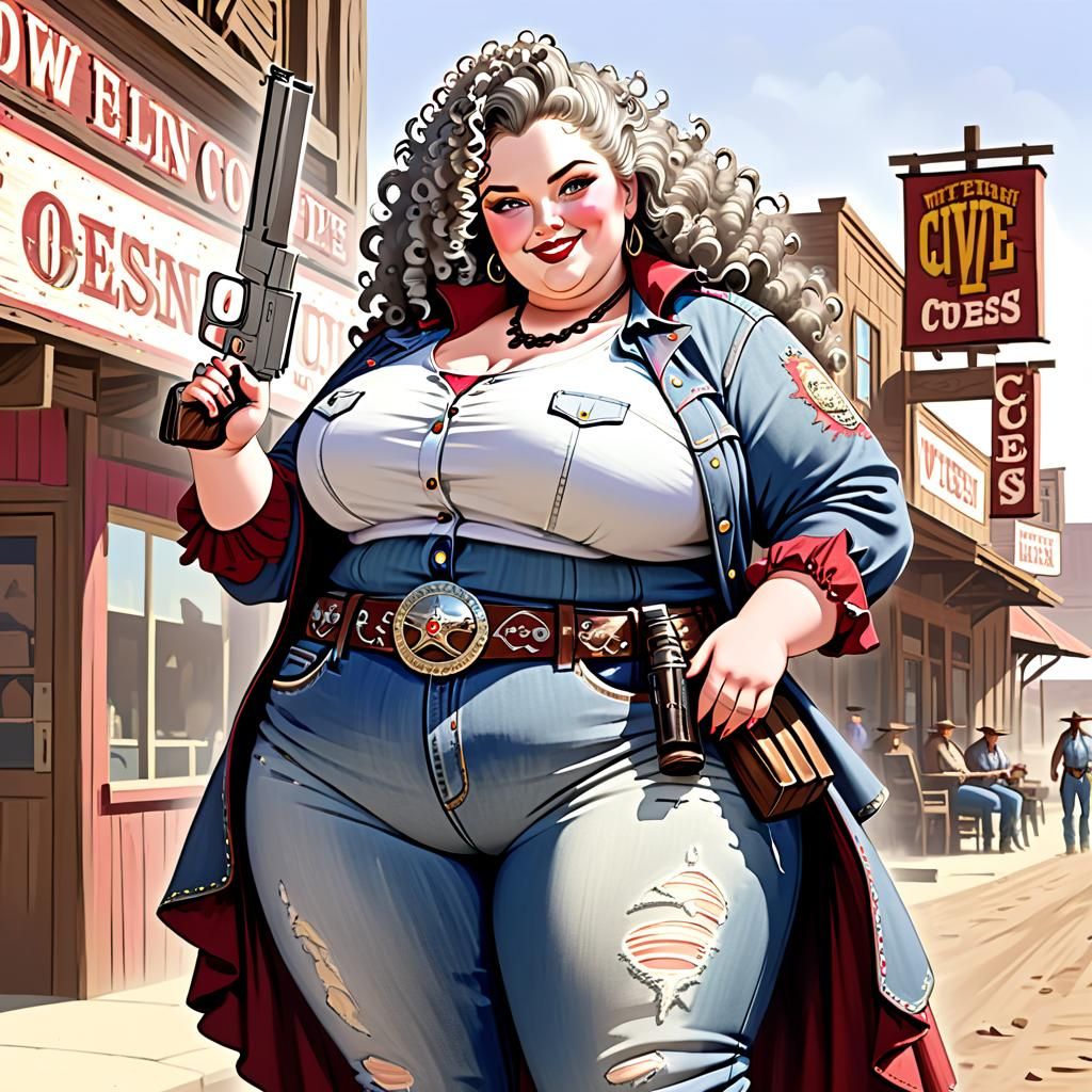 Curvy Gunslinger in Western Town