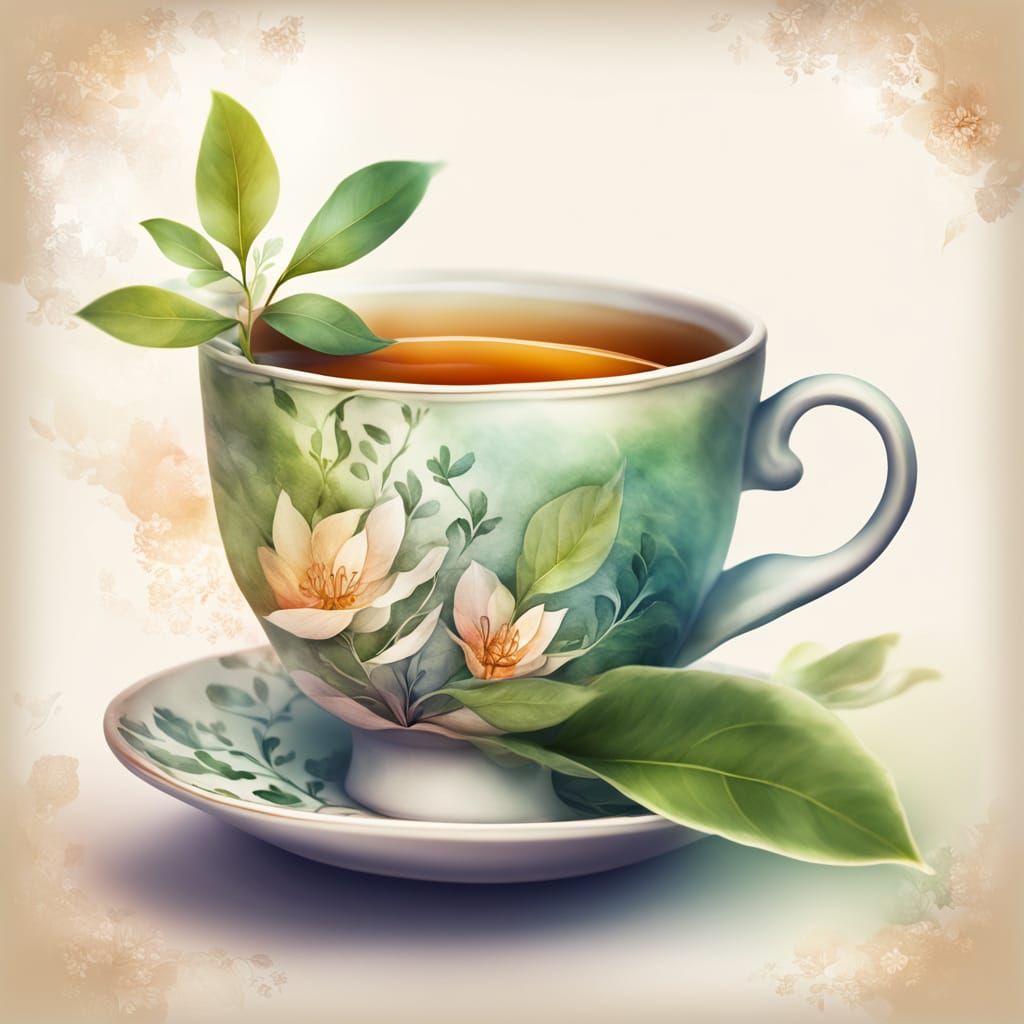Teacup Tea Plant in Whimsical Digital Art