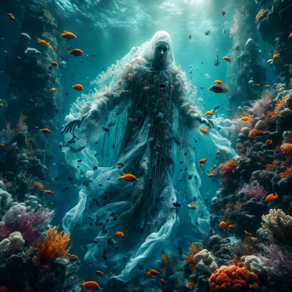 Ethereal Ghost Swims Among Colorful Fish