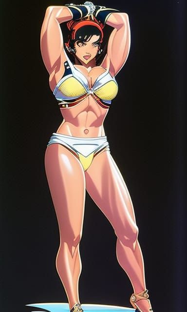 Beautiful female bodybuilder Somayra Hernandez as a anime style fighter posing in a white bikini, ripped muscles, smilin...