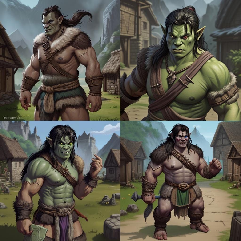Half-Orc Barbarian in Village Scene
