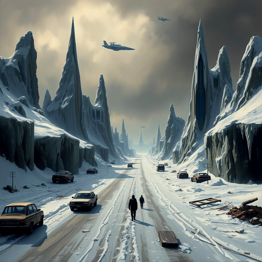 Icy Dystopian Street Scene as Oil Painting