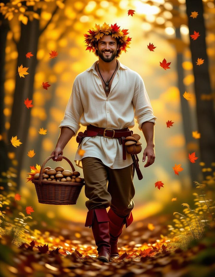 Man in Golden Autumn Forest with Mushroom Basket