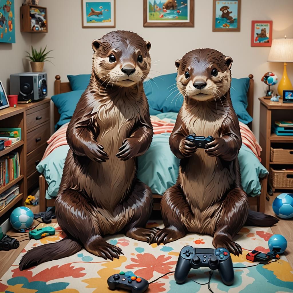 Otters Play Video Games in Bedroom