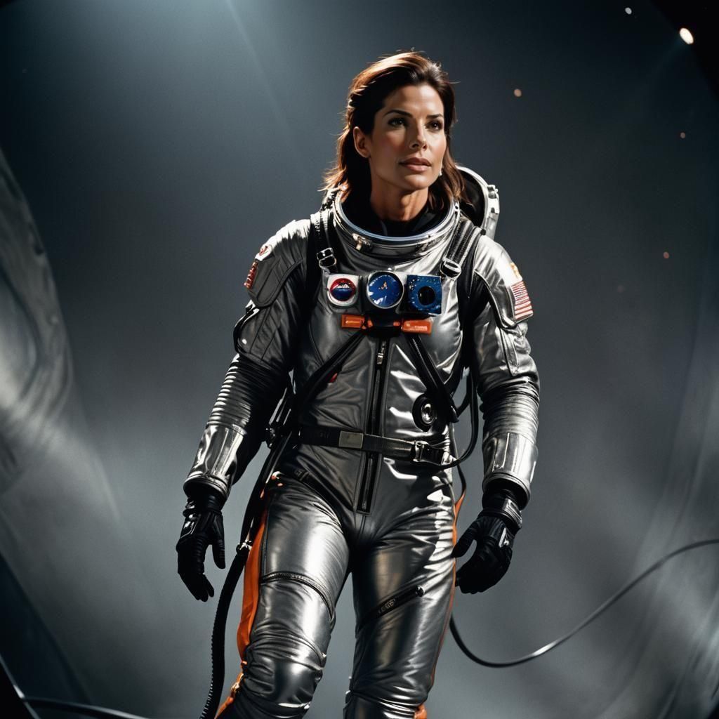 001 The beautiful Sandra Bullock wears a silver spacesuit.