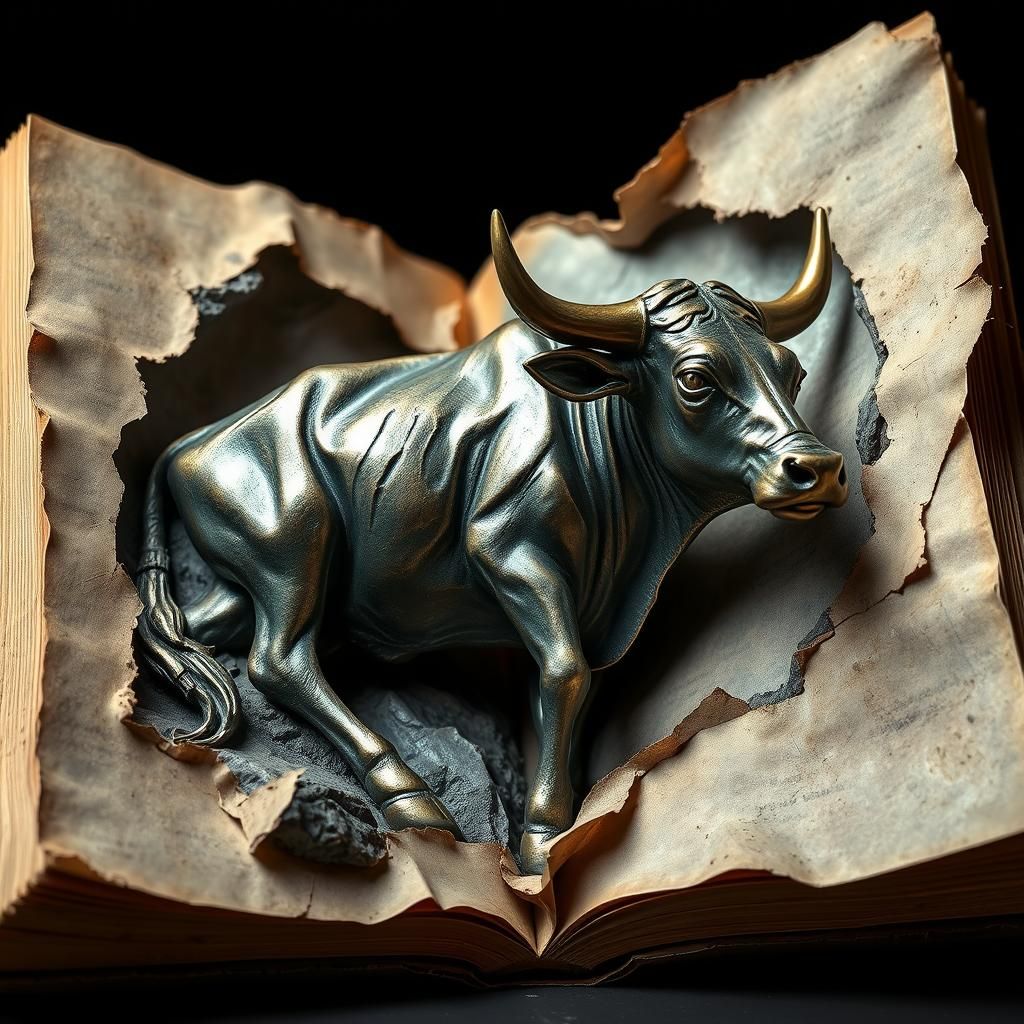 Bronze Cow Emerges from Book in Maori-Inspired Bas-Relief