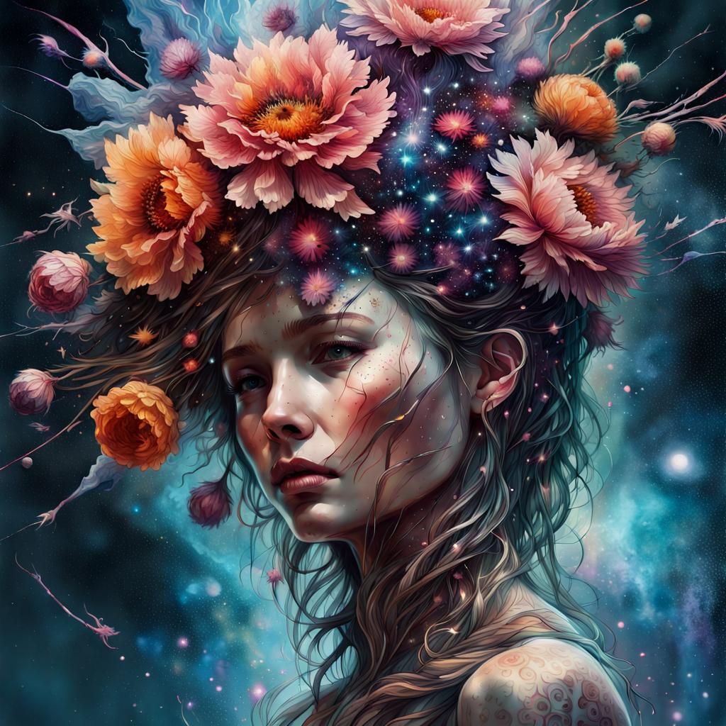 Cosmic Flowers in Carved Vase, Fantasy Concept Art