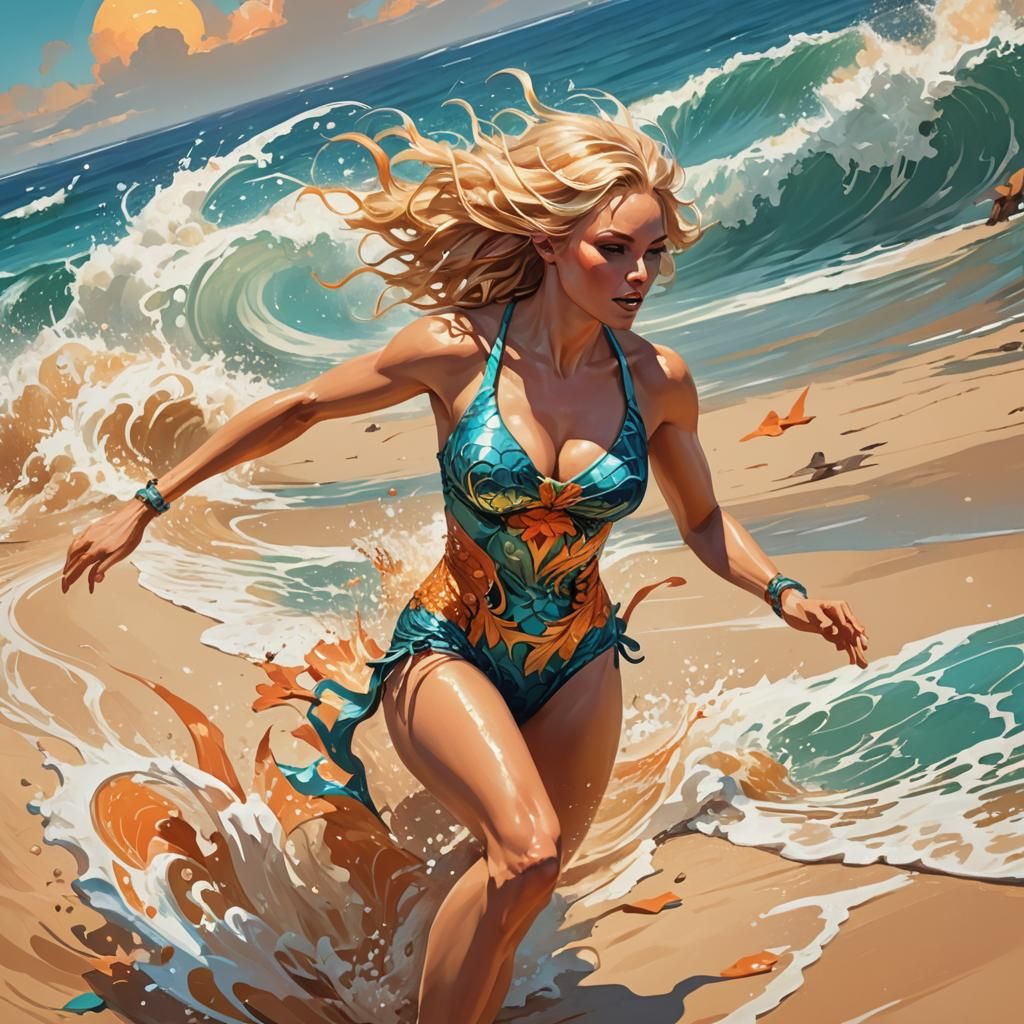 Blond Woman Runs on Beach in Fantasy Art
