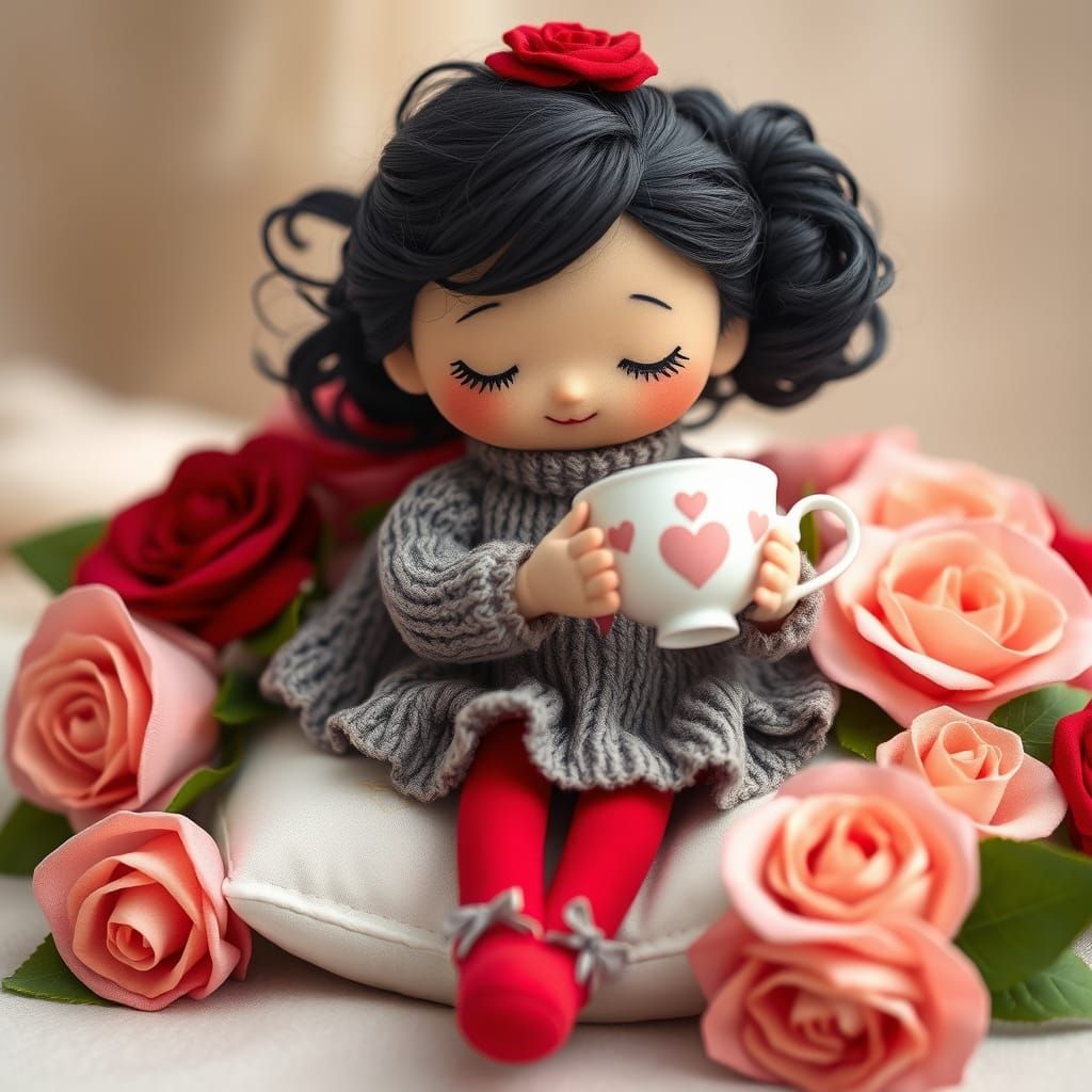 Handcrafted Doll with Roses in Whimsical Style