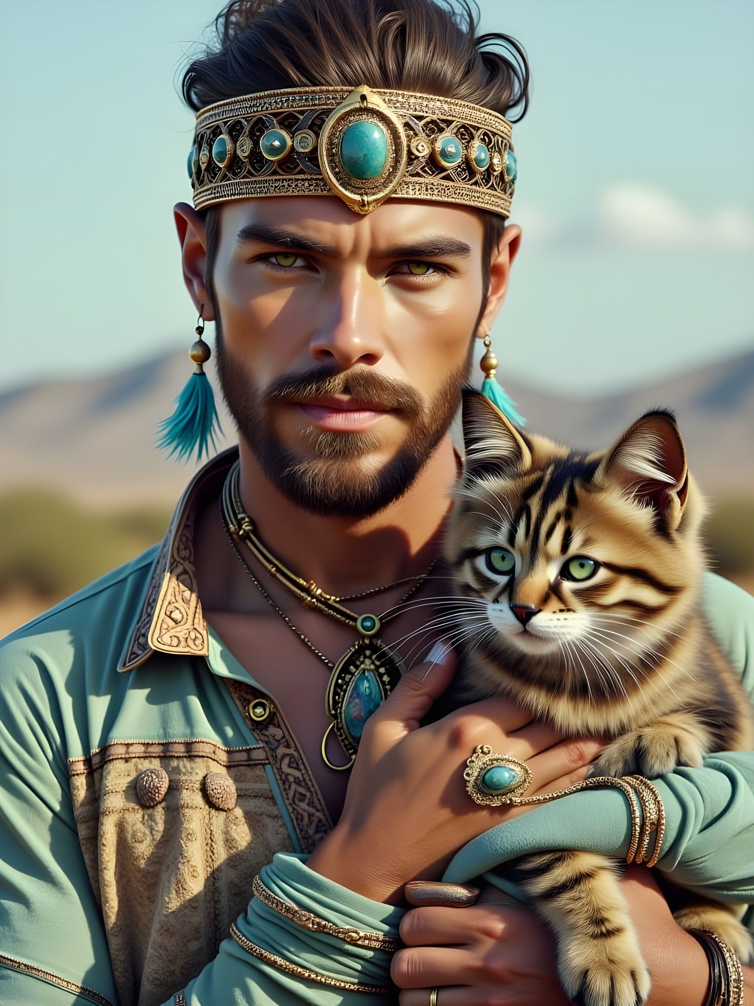 Exotic Portrait: Bearded Man with Cat in Desert