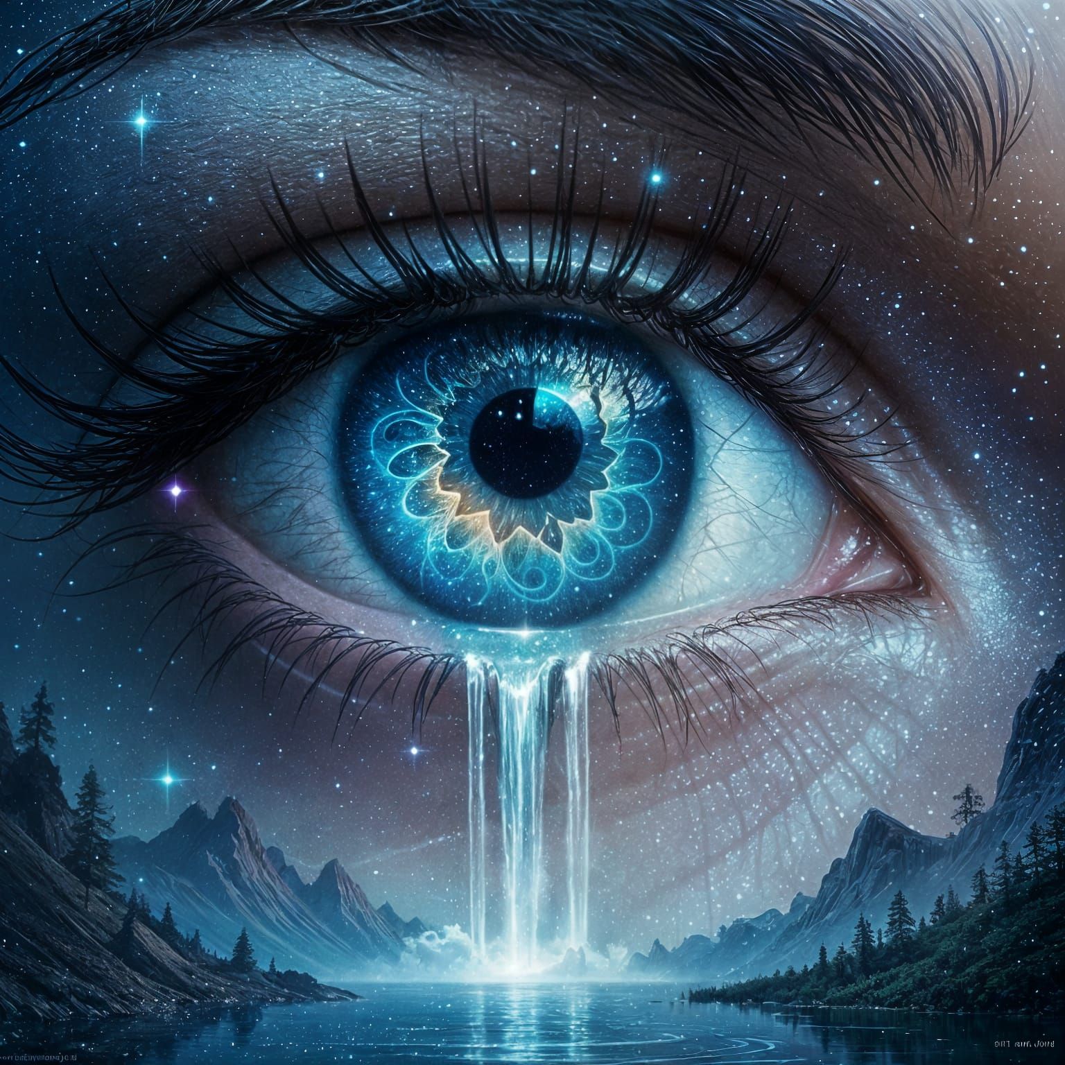 Mystical Eye with Waterfall Tear: Surreal Fantasy Art