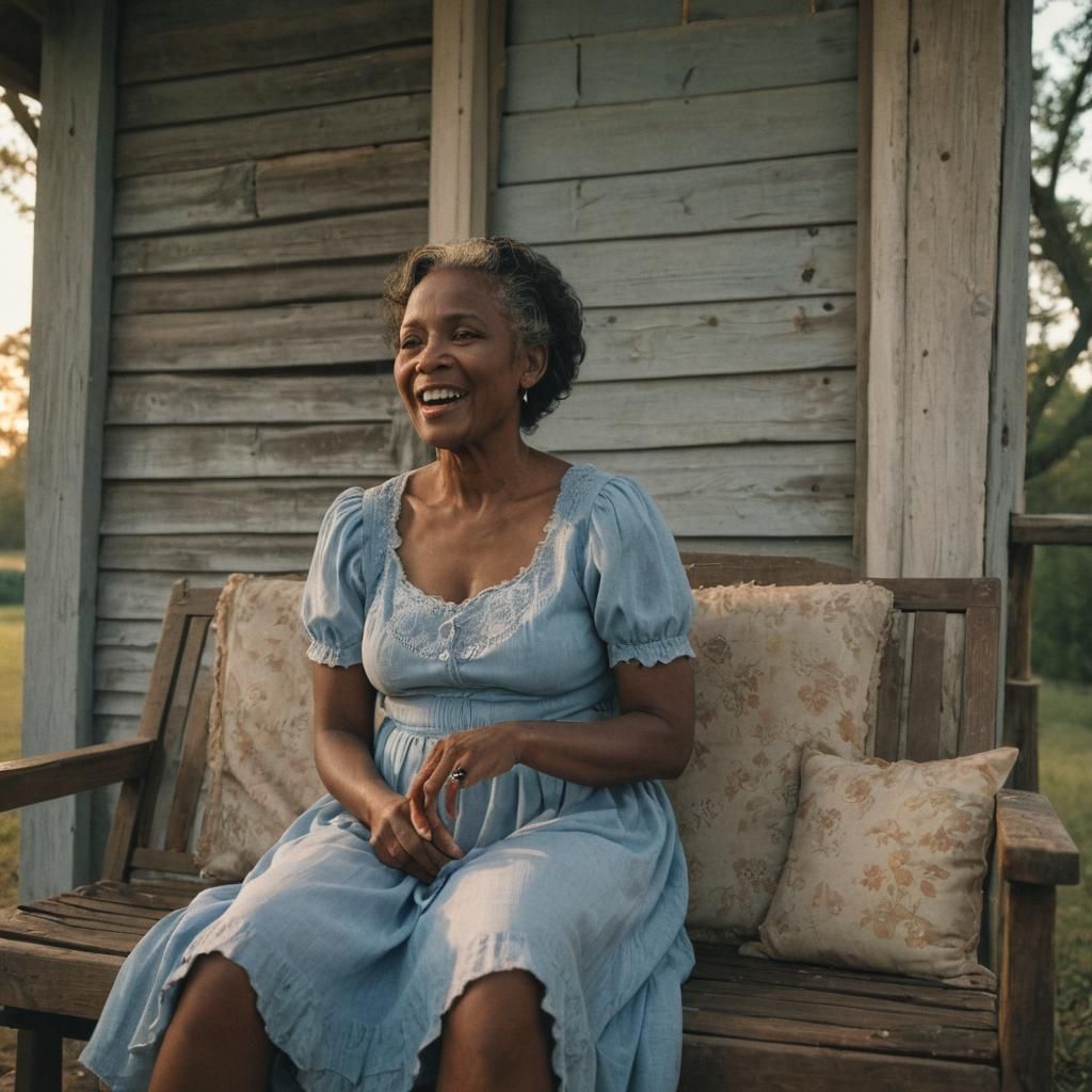 Large older black woman? sitting on a worn out sofa, on a porch, in a shack, wearing a pretty blue dress, in rural Missi...