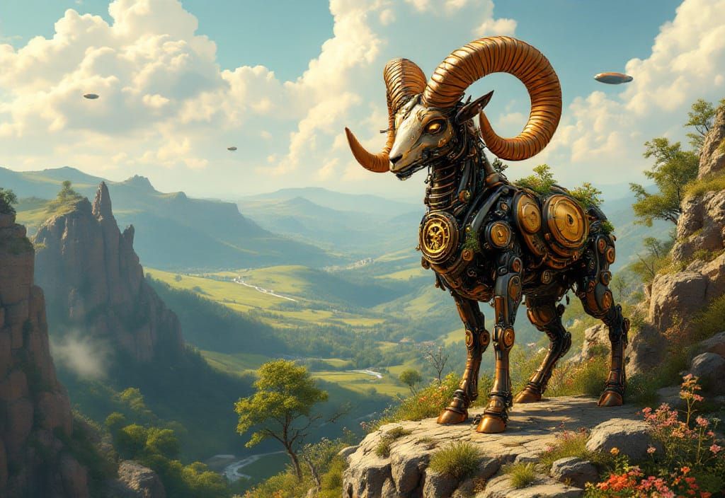 Steampunk Ram with Brass Horns on Cliffside