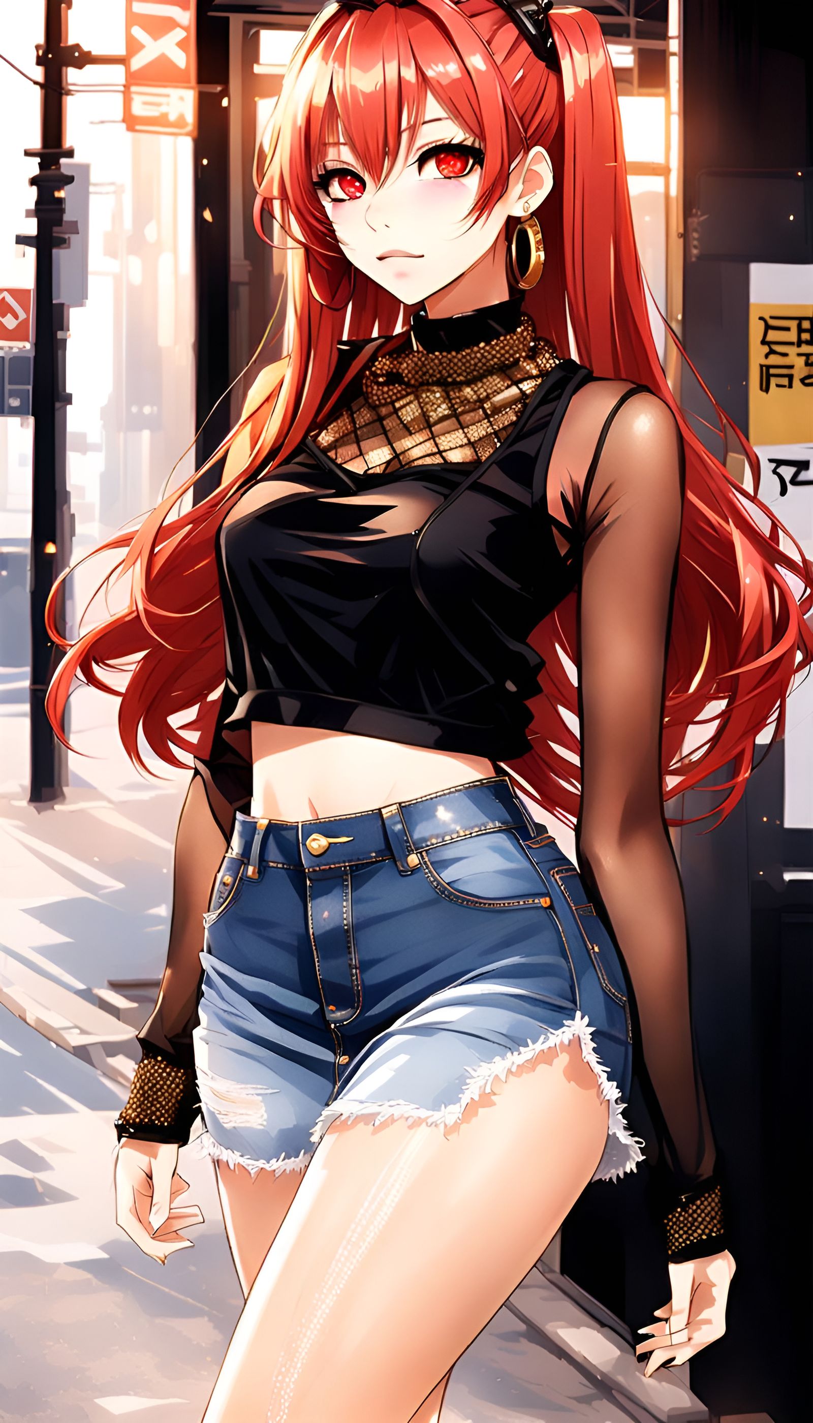 Anime Gyaru Girl with Red Hair and Golden Lips