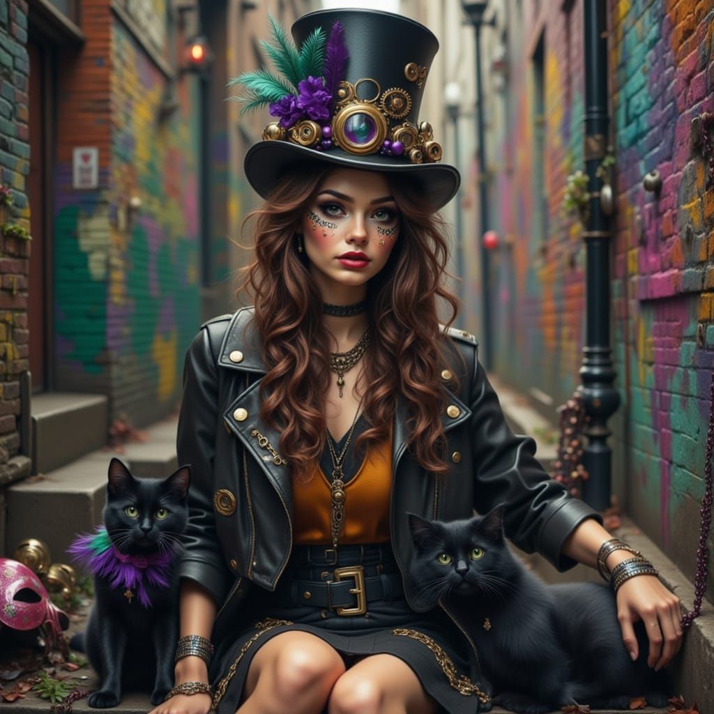 Steampunk Woman in Mardi Gras Style on City Steps