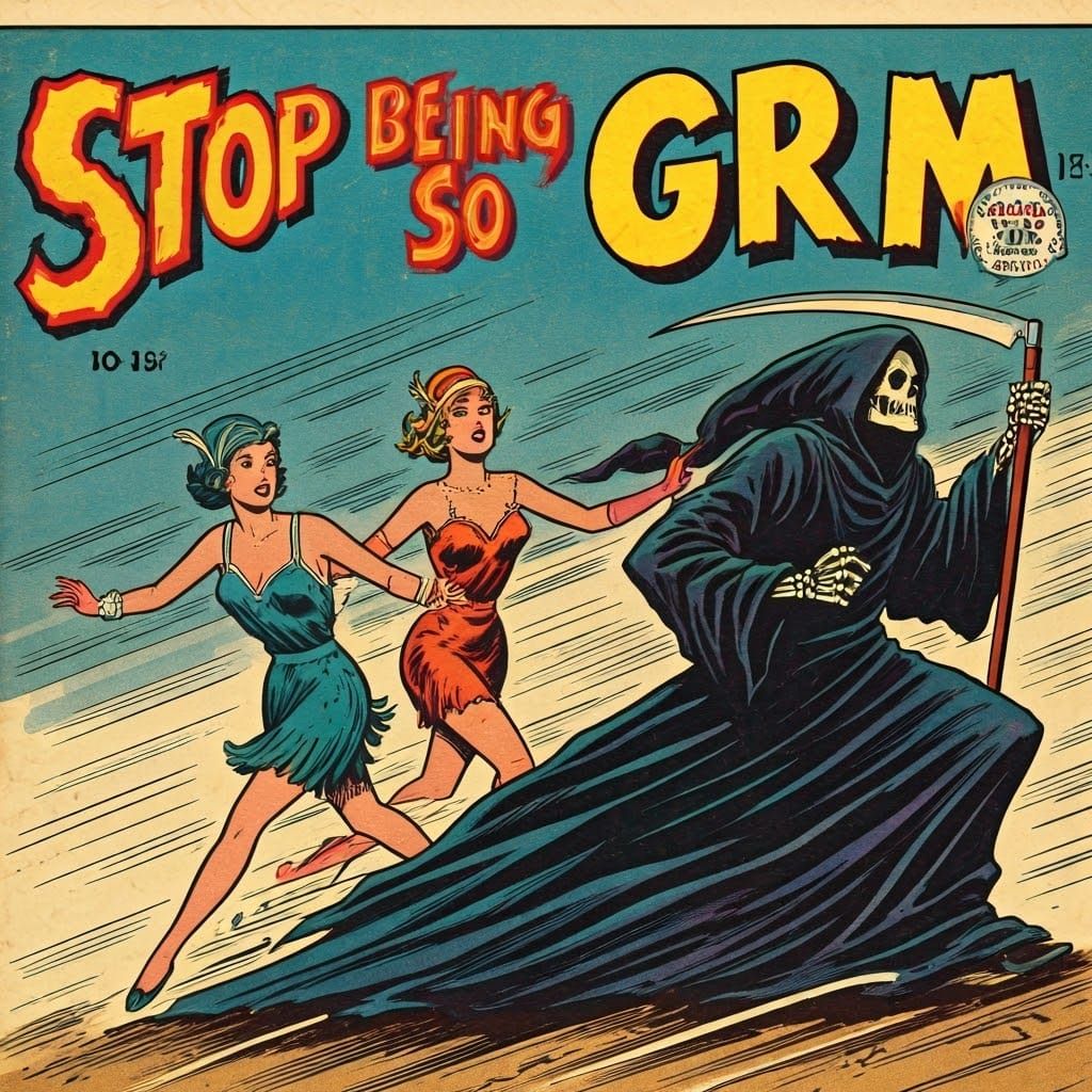 Flappers Flee Grim Reaper in 1950s Comic Book Style
