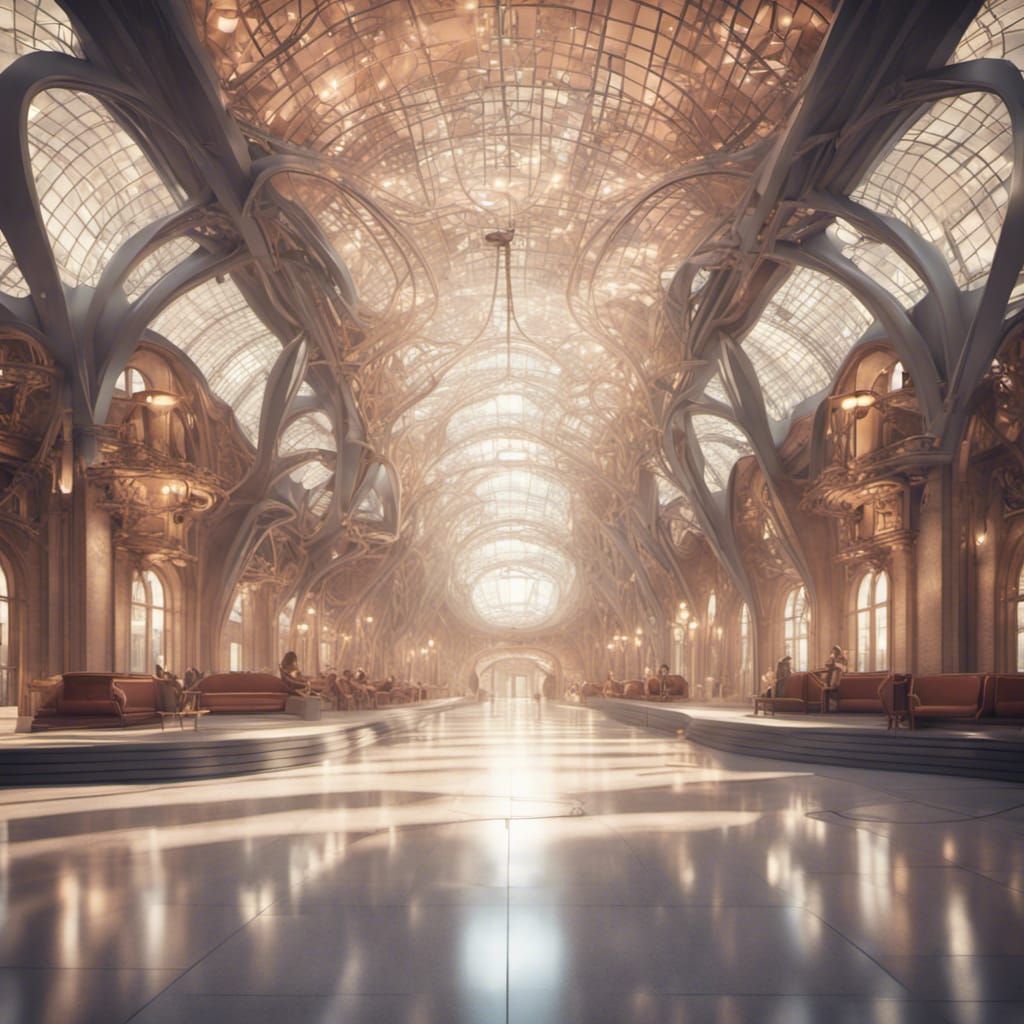 Futuristic Art Nouveau Train Station with Volumetric Lightin...