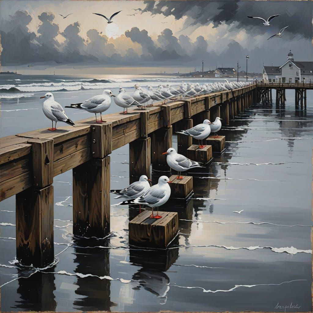 Silver Gulls on Pier in Modern Splash Art Style