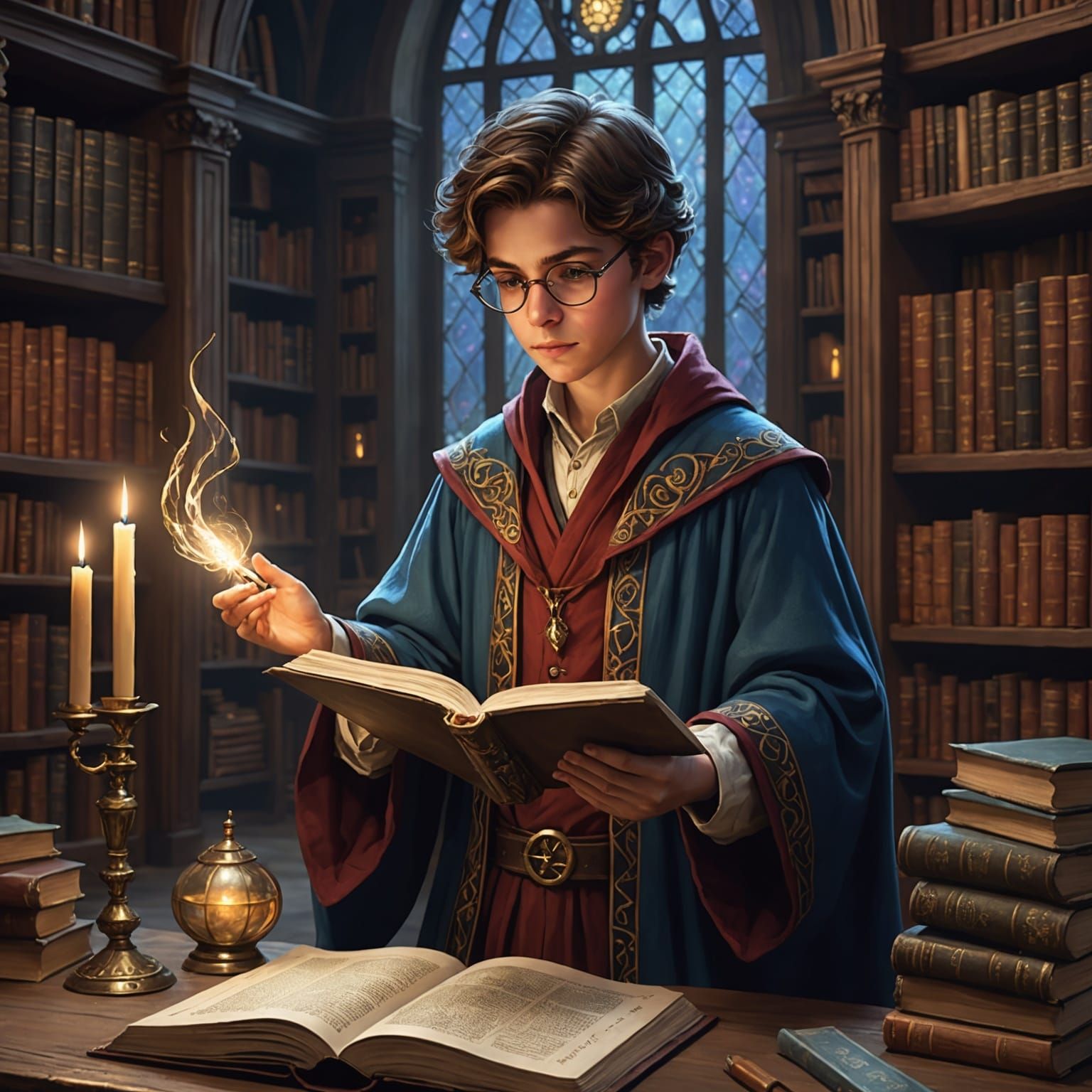 Enchanted Library: Young Mage Practicing Magic