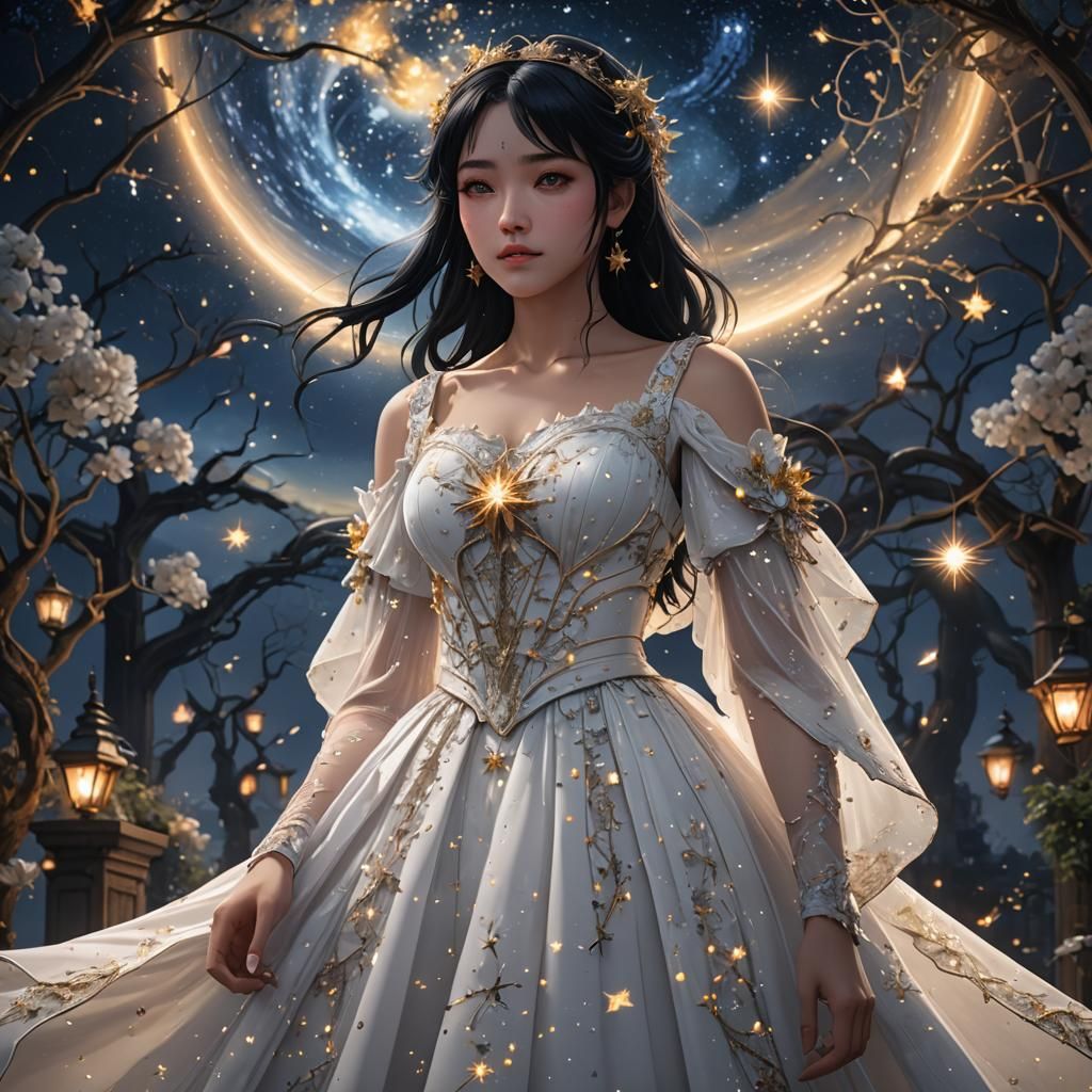 Anime Girl in White Dress Under Starry Night